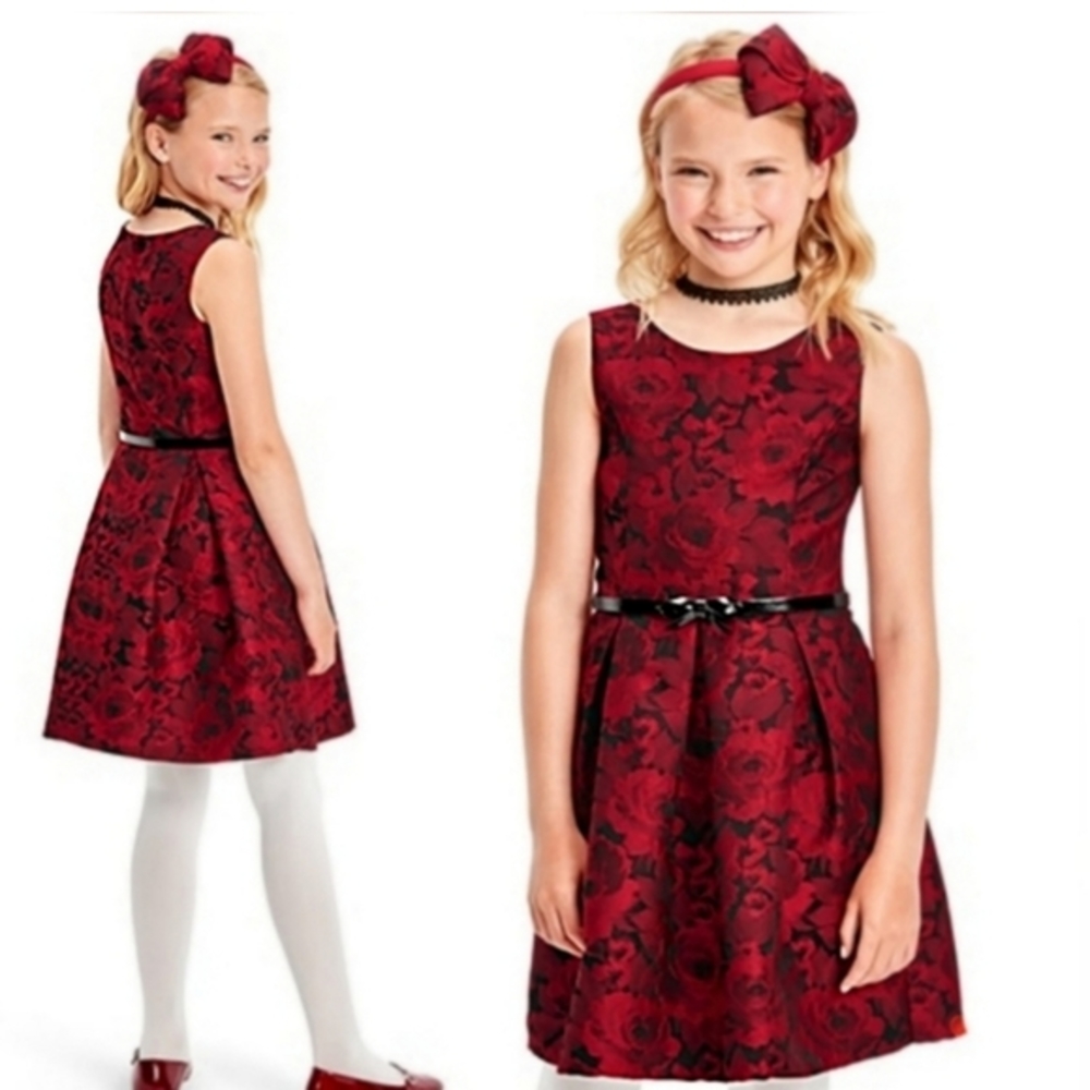 🆕️🆑 CHILDREN'S PLACE | Premium Floral Pleated Belted Formal Dress Red Black 12 - Picture 1 of 6